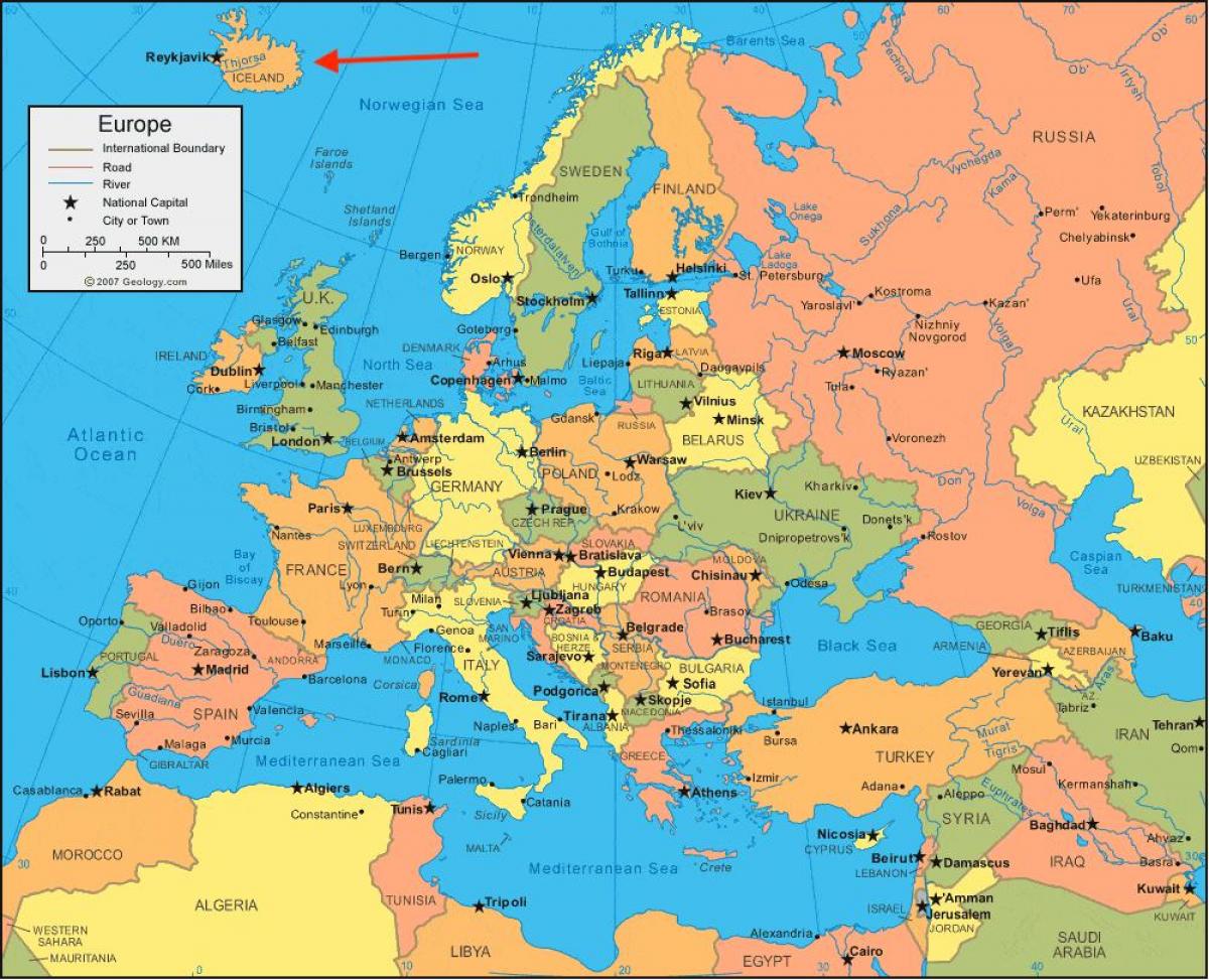Расположение Исландии на карте Северной Европы