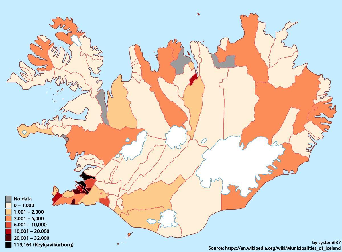 Карта плотности населения Исландии